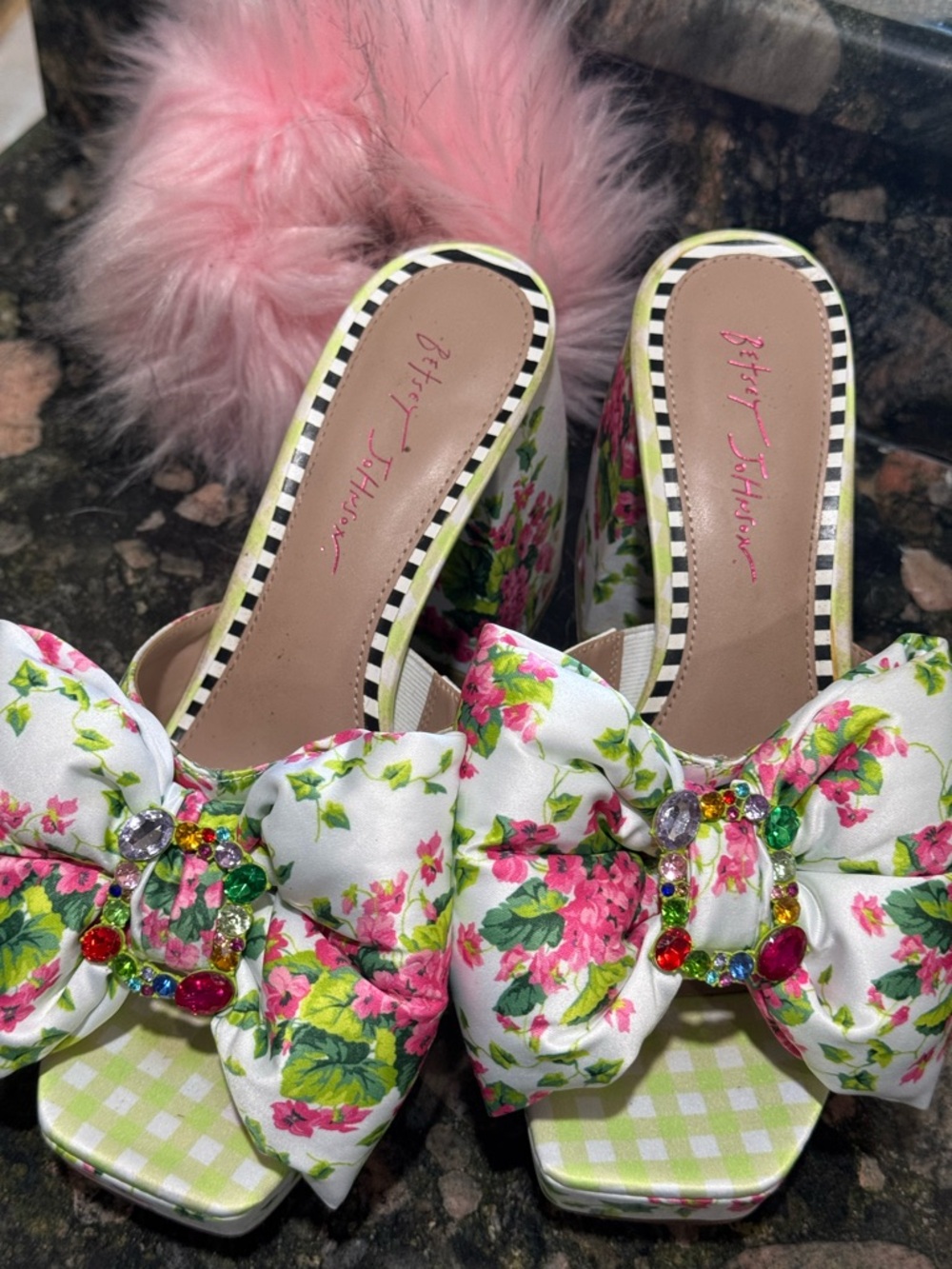 Betsey Johnson White Floral Bow Platform Mules with Multicolor Gems